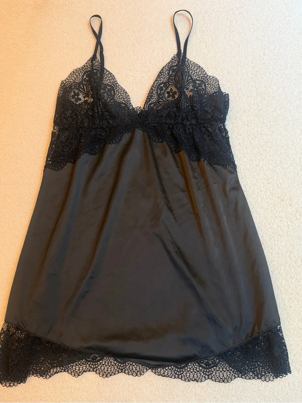 Black Lace Satin Chemise with Sheer Lace Bodice